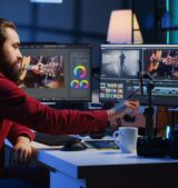 Video editor content creator filming tutorial about professionally editing footage