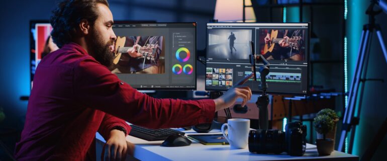 Video editor content creator filming tutorial about professionally editing footage